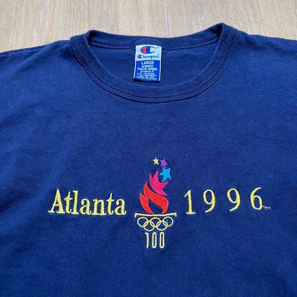 Vintage 90s Champion Atlanta Olympics 1996 Embroidered Crew Neck Tee Size L Y2K - Picture 2 of 10